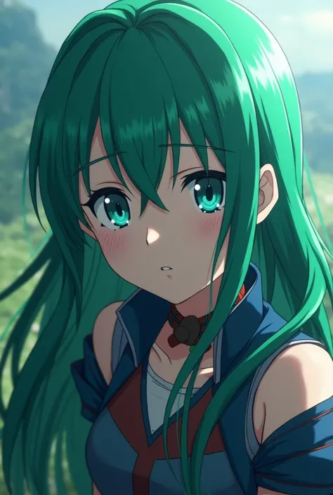 A screenshot from the Hunter anime, a girl with long green hair and blue eyes 