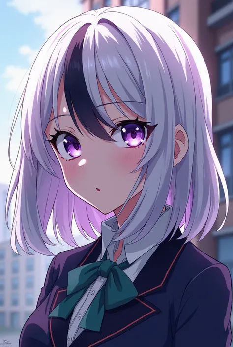  Girl with collarbone length hair ,  white hair with black highlights on the bangs and black tips, pale skin and purple eyes , U uniform.My Hero Academia anime style 