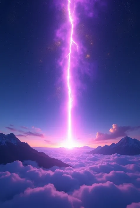  A night sky with a gap in between, Emit violet light, bright and mystical . Go all the way across the sky ,  overlooking clouds and mountains .  Golden lights coming out of it .