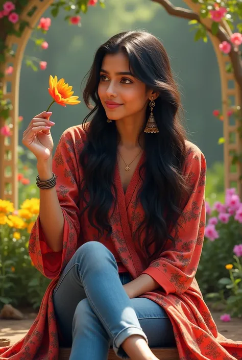 25 years old cute indian girls  is sitting, white skin tone and shining eyes, black an red flawer Colour jeans pant and kurti black hairs, Long hairs holding flawer in hand in indian way,  Beautiful face, anklet on foot. Background Features is , colorful g...