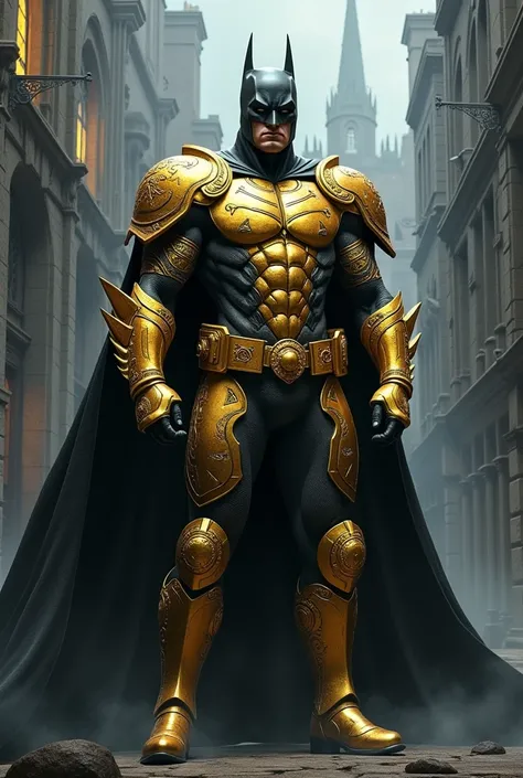  Hyper realistic image of Batman dressed in the golden armor of the knights of the zodiac, Gothic City background  