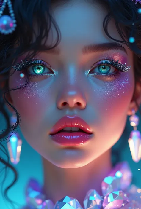 This is a stunning piece of digital art that shows a dazzling image of a fantastic beauty. The image is an artistic creation with iridescent and magical elements. The image shows a close-up of a face adorned with extraordinary details:

The most striking f...