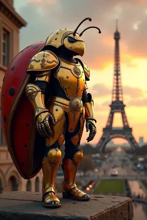 Hyper realistic image of Ladybug dressed in the golden armor of the knights of the zodiac, Eiffel Tower in the background 