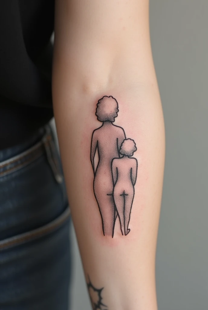 Small black and gray tattoo.
It represents mother and daughters with figures in lines, Contours, Shadows, backwards