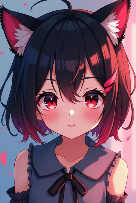 Create an image of a girl with cat ears with black and red hair short hair with black eyes anime version 