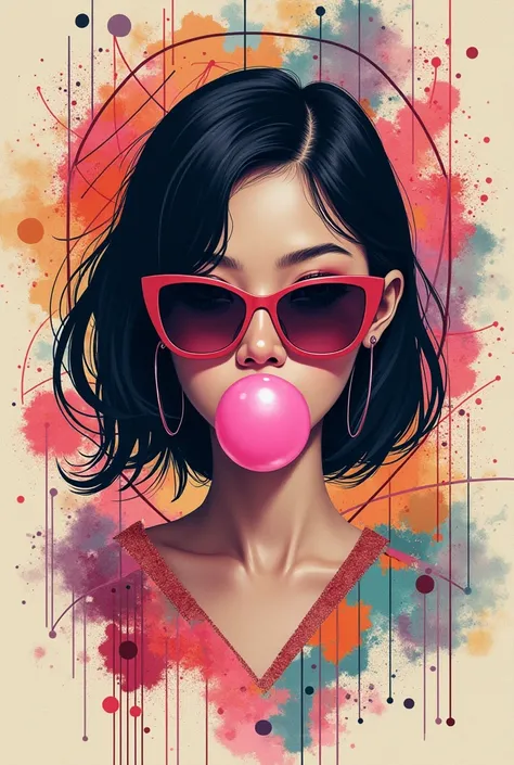 abstractive blurry pattern colored tattoo abstract sketch with stylish asian girl in sunglasses and bubble gum on empty background with patterns style best quality hyper realistic Watercolor Tattoo Style on empty background without background pendulum shad...