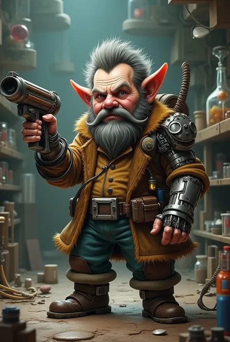 Can you create et rock gnome from DND beyond who is a mad scientist who fusioned with mechanical part and he has a mechanical arm as well with a crossbow attached