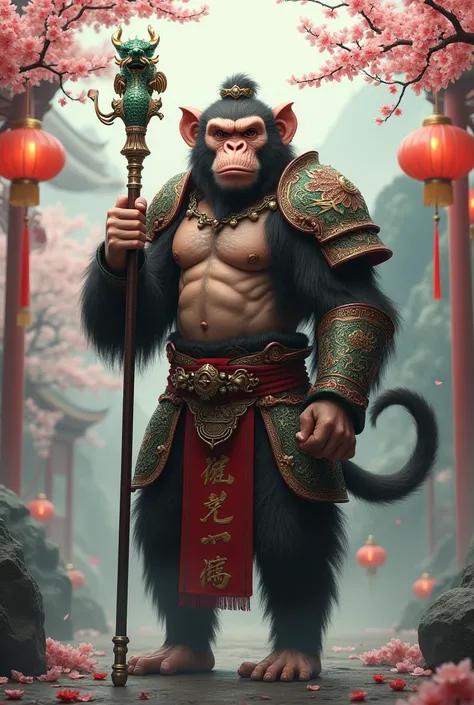  has a muscular upper body and toned abs 、Hall々A humanoid monkey called 。 This monkey has human-like characteristics、 wears traditional Chinese armor adorned with intricate dragon motifs 、 partially exposes its chest 、 has a large ceremonial cane with a ja...