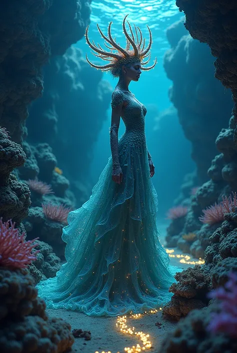 A majestic sea queen with coral horns spiraling outward like a crown, her flowing dress made of living bioluminescent algae. Her eyes shine like distant galaxies, and her court consists of glowing seahorses and armored crustaceans. The labyrinth around her...