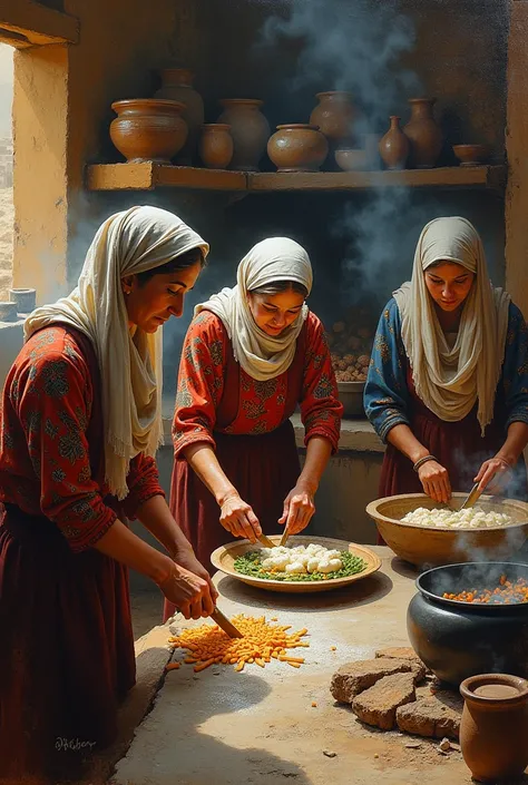 Kurdish women making dishes for their families , Eugene delicrox painting style, full figure 