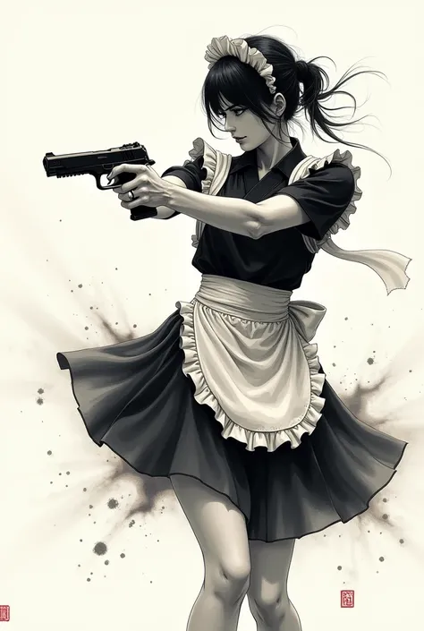 “A dynamic ink wash painting (sumi-e style) of a woman dressed in a traditional maid outfit, drawing a gun from a thigh holster. The motion causes her skirt to lift, revealing the holster on her thigh. Her face is barely visible in profile, emphasizing the...