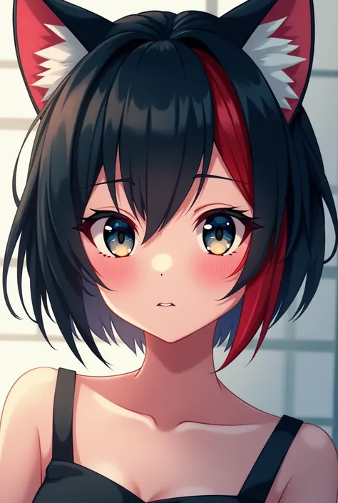 Create an image of a girl with cat ears with black and red hair short hair with black eyes and pupils in the anime version 