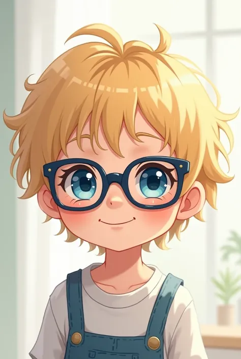 Petit garçon de 4 ans blond aux yeux bleus clairs avec lunettes bleues foncées anime