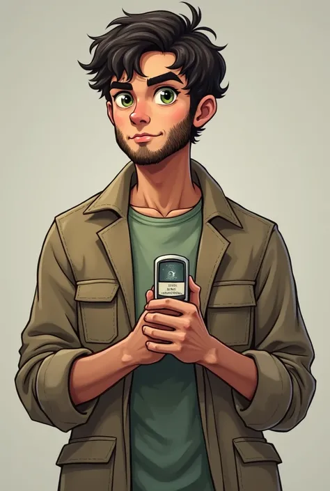  Create an image of a boy with dark hair and curly  ,  unshaven and a medium-length beard . green eyes/ hazel and a thin nose ,  thick eyebrows slightly spaced between them .  This boy is dressed as a nutritionist with a pliometer in his hand. He has a goo...