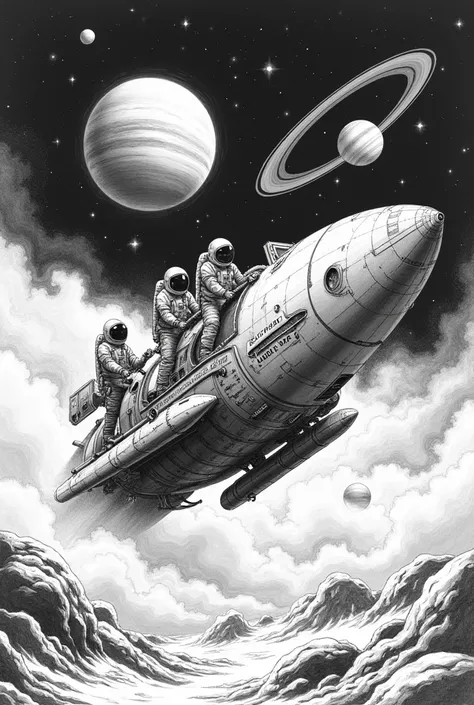  Black and white drawing of a space trip with astronauts in a ship,  planets with rings , stars and a distant galaxy in the background 