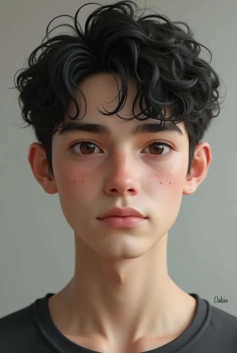 (photorealism:1.2), an 18 year old boy with short black curly hair, pale skin, a few dark moles, dark brown eyes, and a greek nose shape. He is tall and lanky, and has hollowed cheeks, a strong jawline, and looks like a nerd. 