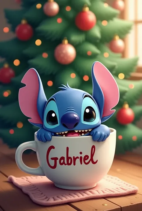 Baby Stitch Christmas kawaii , Stuck in a cup with the name “Gabriel” with a Christmas tree in the background