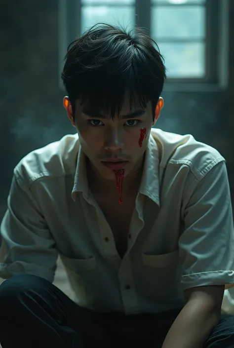 cute late teens (18-19) asian man with a sad slightly scared expression. He is sitting in a defensive position. He has blood smeared on his lips. good lighting. fantasy style