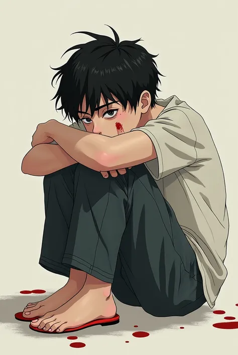 cute late teens (18-19) asian man with a sad expression. He is sitting in a defensive position. He has blood smeared on his lips. semi-realistic anime style