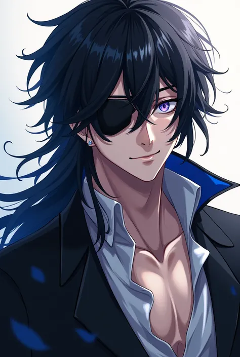 Male man with fat pectorals ,  black hair and very long and straight hair with bangs covering his right eye and with a black patch on his right eye, light blue eyes with purple . He has a tender anime-style smile and full body 
