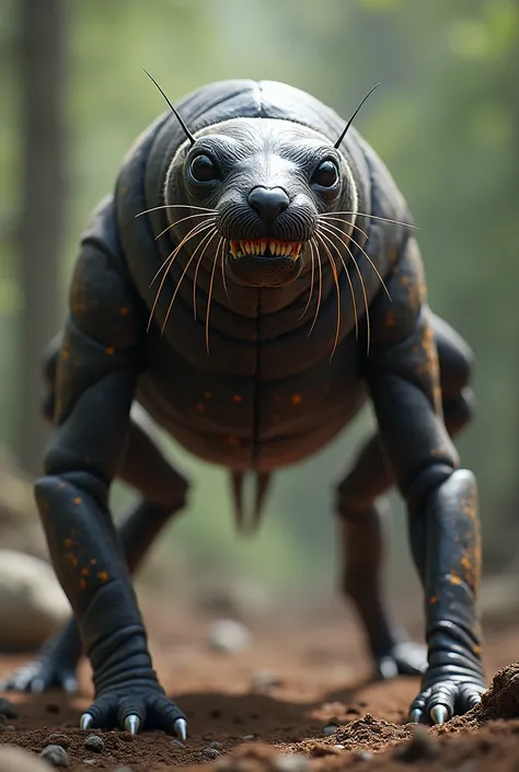 An ultra-realistic image of a fierce hybrid creature formed from a seal and a giant ant. The creature has the sleek, detailed fur of the seal combined with the segmented, armored body and legs of the giant ant. Its head has the sharp features of the seal, ...