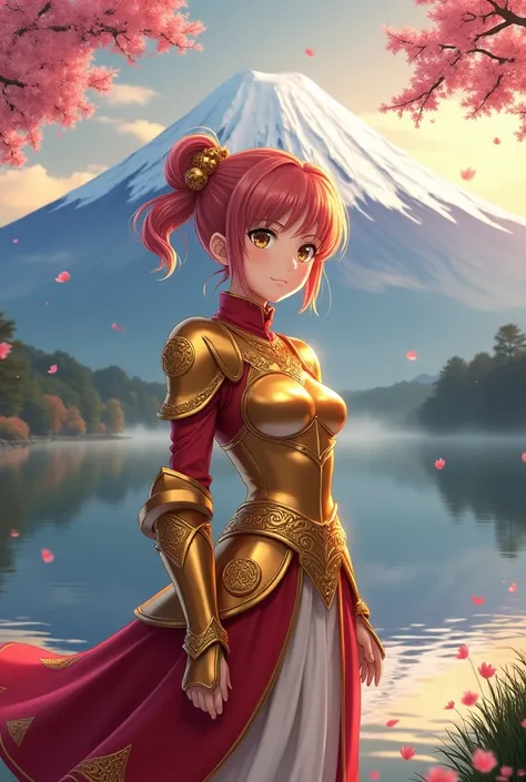  Hyper realistic image of Sakura Kinamoto from Sakura Card Captor dressed in the golden armor of the knights of the zodiac, Around Mount Fuji in Japan  