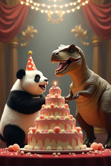 Panda and tyrannosaurs are like brothers and they are on a stage to celebrate their birthday while cutting a lavish cake