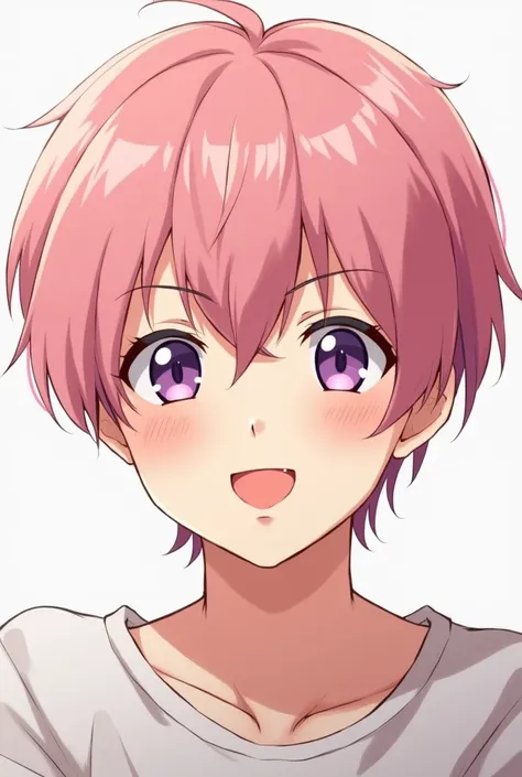 an anime boy who is 19 years old , with short hair, smooth and pink, That he is blushing and smiling ,  and who has PURPLE EYES