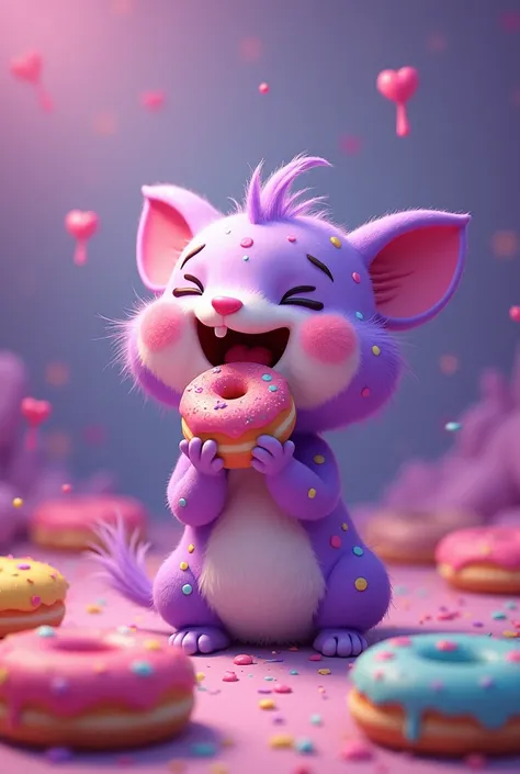  Mostrinho Emoção purple and pink pink and purple polka dots 
Movie Playfully Eating Colored Donuts 