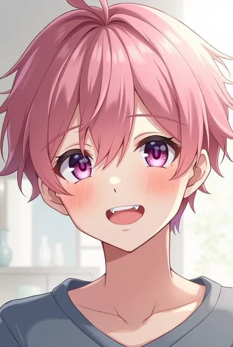 an anime boy who is 19 years old , with short hair, smooth and pink, That he is blushing and smiling ,  and who has PURPLE EYES, and that has fangs