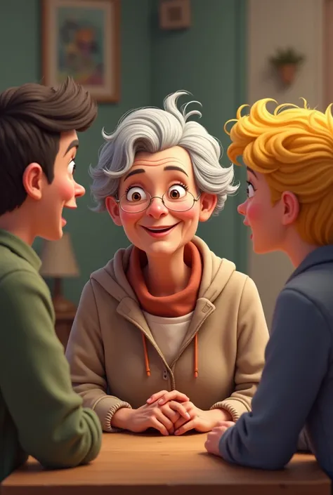  Gray haired lady talking to man and woman with yellow hair realistic cartoon