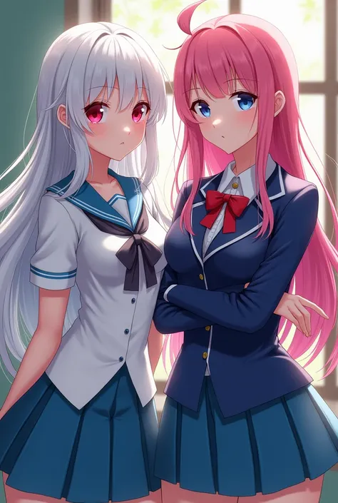 two young womens, one with longe wavy white hair and red eyes with big boobs and a red school uniform, one with straight long pink hair and blue eyes, in a cyan school uniform whit big boobs