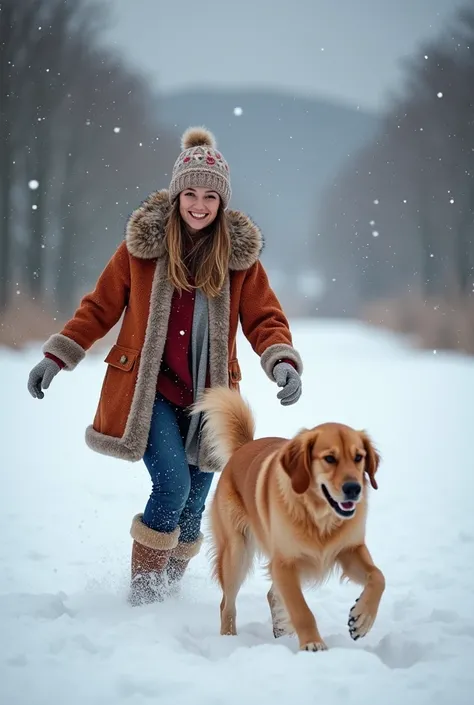 Créez une scène hivernale joyeuse mettant en avant Clara Beaumont, 25 ans, avec ses cheveux châtain mi-longs légèrement ondulés. Elle est dans un paysage enneigé, habillée de manière confortable et stylée pour le froid, avec un manteau coloré et des bottes...