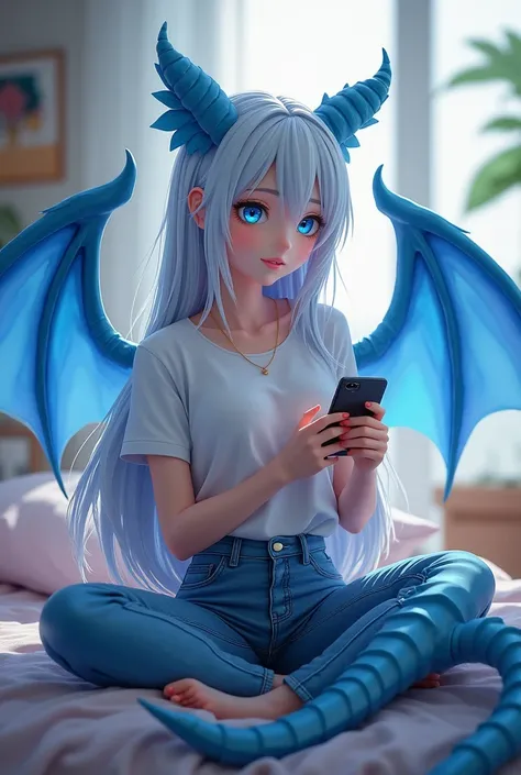 A white anime girl with a white t-shirt and jeans, long white hair, shiny blue eyes, very large blue dragon wings, and a long blue reptile tail is working on her mobile phone in her room.