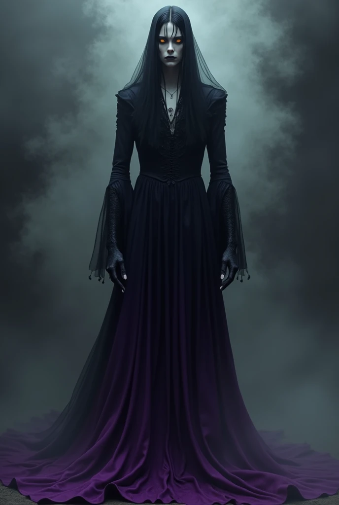 ((tall man)) , 19 years old ((pale skin))
(black fingers, long black nails)
Yellow eyes, black short hair
(in dark purple gradient very long tight dress to the floor, long wide sleeves)
(black transparent veil on the head)
((In dark smoke))  