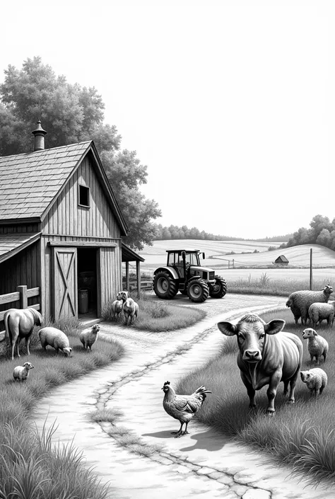  Black and white drawing of a farm with a barn, animals such as cows , hens and sheep ,  and a tractor working in the field 