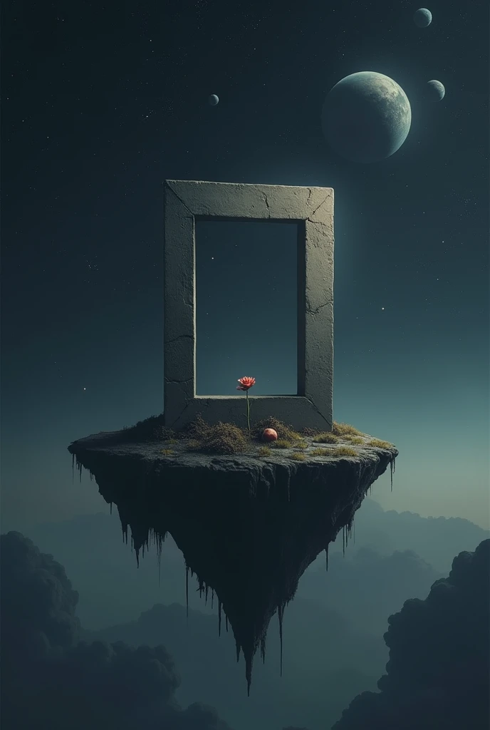  levitating island in space on which is a square wall-mounted window  (the frame itself )
add planets and stars on the back
add one small withered roses under the window 
make the image darker 
Make sure there is nothing in the window. 