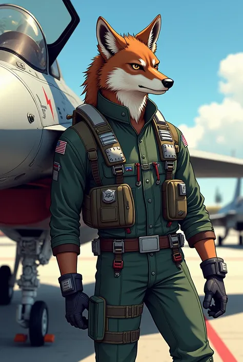 Anthropomorphic badass Iberian wolf pilot leaned against his fighter jet f-16 lighting falcon in anime style 