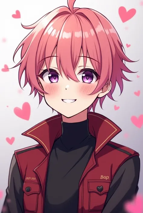 an anime boy who is 19 years old , with short hair, smooth and pink, That he is blushing and smiling ,  and who has PURPLE EYES, and that has fangs, vampire type, And that he looks a little older and that his body can be seen