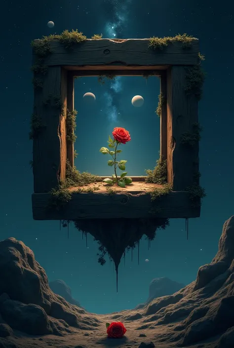  levitating island in space on which is a square wall-mounted window  (the frame itself )
add planets and stars on the back
add one small withered roses under the window 
make the image darker 
Make sure there is nothing in the window. 
add more stars 
let...