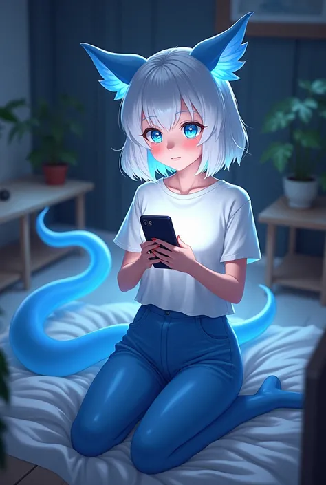 An adult white anime girl with a white t-shirt, long white hair, bright blue eyes, and a long blue tail for legs is working on her cell phone in her room, all the bad stuff from the scales.