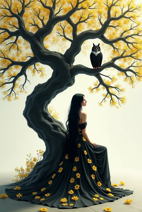 Un arbre au tronc et aux branches noires sinueuses et entrelacées recouvertes de petites fleurs jaunes et blanches irisées et un hibou aux plumes noires et blanches posé sur une branche et au pied de cet arbre est assise une femme élégante aux cheveux long...