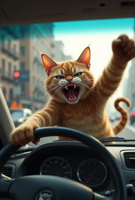 A cat giving the middle finger while yelling at another car, looking very angry, as it drives.






