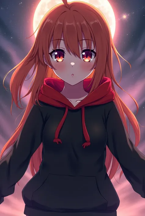 Honoka Kousaka from the anime Love Live with a black sweatshirt and red hood make an extension of dominance with heavenly eyes and a fixed gaze