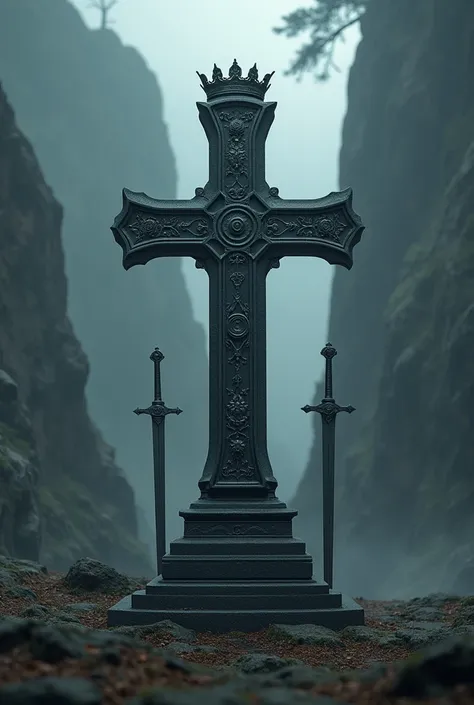 A cross-shaped headstone with a crown 
hanging above Undertales grave with two swords stuck in the ground forming an x in front of the digital headstone 