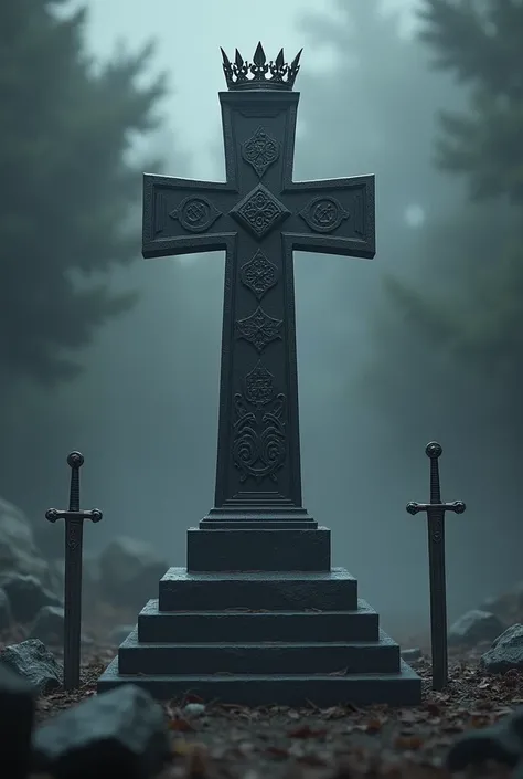 A cross-shaped headstone with a crown 
hanging above Undertales grave with two swords stuck in the ground forming an x in front of the digital headstone 