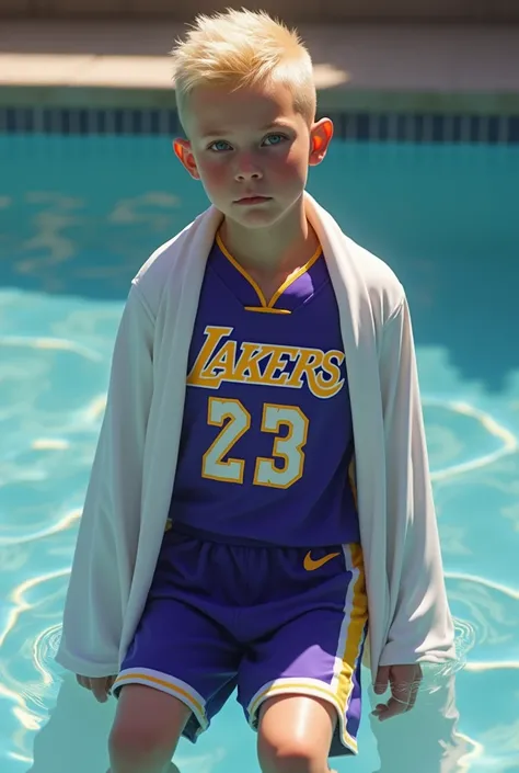 Create a realistic boy  in water . He has blond hair and his hairstyle is a lowfade .  He wears Lakers shorts and jersey in purple and wears a long, tight and smoothing white schooner over his right arm and legs.