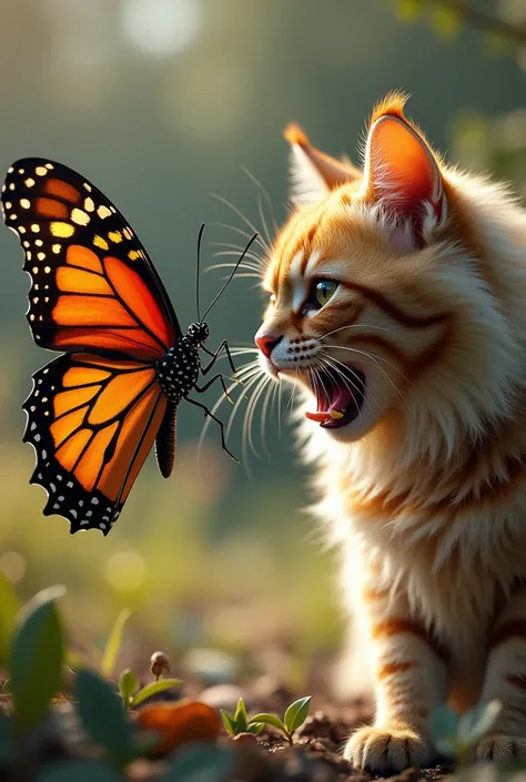 " An ultra-realistic butterfly staring at a Persian cat , both with angry expressions .  The butterfly is showing its colorful wings with sharp details and realistic texture. The Persian cat, with thick and dense fur , He has a fierce expression,  with eye...