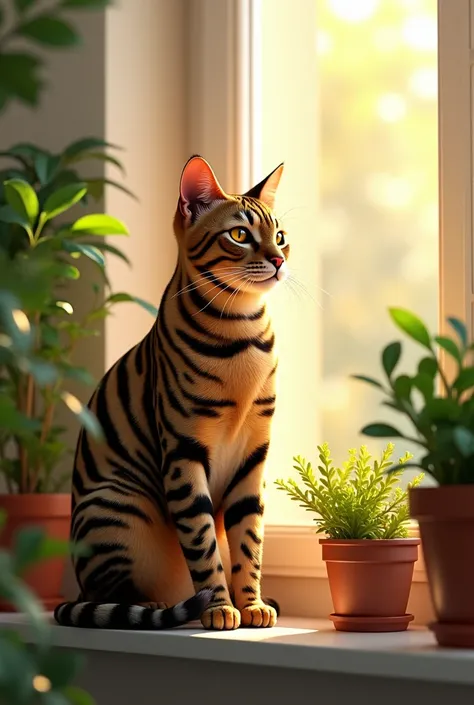  a Bengal cat with tiger-like stripes sitting on a sunny windowsill, looking outside thoughtfully. Surround the cat with a few potted plants, including succulents and leafy greens, to add a cozy, natural atmosphere. Ensure soft, warm lighting with sunlight...