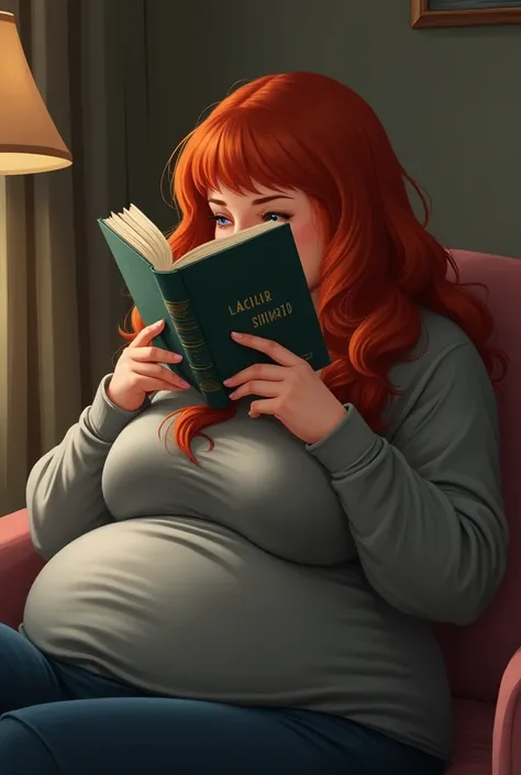 colorina (Fat woman with long red hair) reading,  dont see your face because you have the book on your face. Dont show your face . 
 Woman on your back or side .